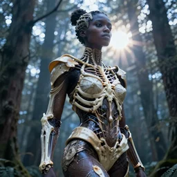 hyperrealistic mithra gorgeous black woman intricate exoskeleton bone armor in a forest sun behind her concept art eric zener elson peter cinematic blue light low angle hd 8k sharp shallow depth of field