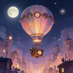 a beautiful stunning fantasy whimsical matte digital illustration of a scene of a steampunk! hot - air balloon over a lit steampunk! city at night by marc simonetti, pastel color palette, disney magic the gathering steampunk!!!, chiaroscuro magical! bokeh moon stars dramatic romantic! epic breathtaking, clock tower,, trending on artstation hq, masterpiece