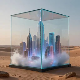 a huge glass box with a cyberpunk city hidden inside, holographic mist, in the desert, photo realism, f / 1. 9 6. 8 1 mm iso 4 0