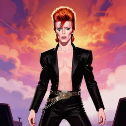 David Bowie gig, cartoon style, under an amazing sky, masterpiece.