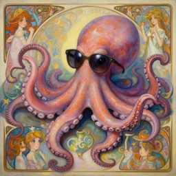 an hyper intricate oil painting of an anthropomorphic cute octopus!!!!! on a party, hyper detailed tentacles, sunglasses, excellent composition, by yoshitaka amano, by greg rutkowski, by alphonse mucha, by rhads, by ross tran, trending on artstation
