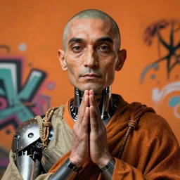 hyperrealistic hyper detailed neo-surreal 35mm portrait of praying cyborg graffiti monk matte painting concept art dali hannah yata very dramatic orange lighting low angle hd 8k sharp shallow depth of field