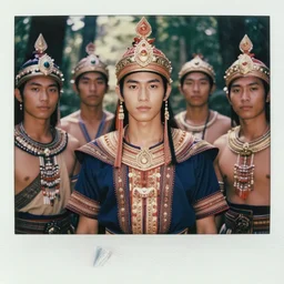matte close - up portrait of smart and handsome and beautiful tai warlords who assemble in the forest backlighting, ethnic costume, traditional decoration, elegant, loin cloth, highly detailed, 8 k, cinematic lighting, global illumination, ornate, super detailed, faded color polaroid, a colorized photo, colorized, # film, movie still