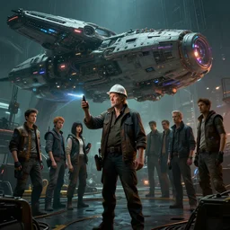 highly detailed portrait of master engineer examining a spaceship construction at the docks, cyberpunk, moody, luminescent, rule of thirds, golden ratio, ambient lighting, stephen bliss, fantasy art by syd mead greg rutkowski, loish, rhads, ferdinand knab, makoto shinkai and lois van baarle, ilya kuvshinov, rossdraws, tom bagshaw, w