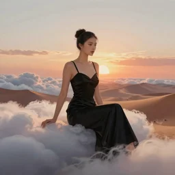 sitting girl in black decollete dress between clouds above namibia dunes in sunset light, portrait, elegant, intricate, digital painting, artstation, concept art, smooth, sharp focus, illustration, art by ed mell and Daniel F. Gerhartz and Jacek Malczewski and gustav klimt