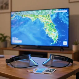 curved transparent tv florida weathermap, volumetric lighting, bedroom, visor, users, pair of keycards on table, bokeh, creterion collection, shot on 7 0 mm, instax