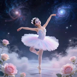 a ballet girl, clown makeup, pastel colors, ethereal, dancing into a space environment with supernova, sparkling space clouds, pastel roses, insanely detailed