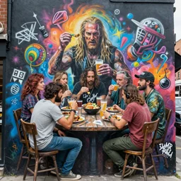 monumental, chaotic by mark briscoe. a beautiful street art of a group of people gathered around a table in a tavern. they are all eating & drinking, & appear to be enjoying themselves.