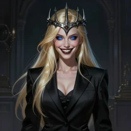 girl in large black suit, long blonde hair, trident metal crown, dark grin, blue glowing eyes, dark scene, underlit, highly detailed, smooth concept art, airbrush, by artgerm greg rutkowski artstation