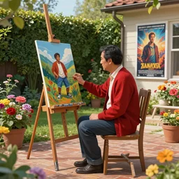 a middle aged man with black hair wearing a red cardigan sitting at a painting easel in his back yard, flowers everywhere, brick patio, hedges, movie poster, digital painting, trending on artstation, illustration, cinematic lighting, vibrant colors, photorealism, epic, octane render