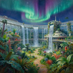 a cinematic view of a space habitat colony, large indoor greenhouse with exotic plants, retrofuturism, sci - fi art, oil on canvas, nebula waterfalls, aurora in the sky above, details, hyper - detailed, hd, hdr, 4 k, 8 k