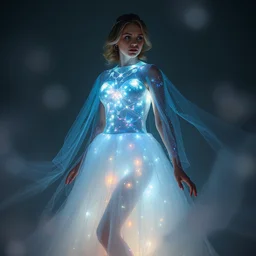 annie leibovitz style photoshoot editorial of alice eve as sue storm, the invisible woman from the fantastic four, she is wearing a beautiful iridescent shimmering, glowing jellyfish like wedding dress made from her force field powers, hyperreal, magical, translucent, iridescent, studio lighting, soft focus, bokeh, 5 0 mm