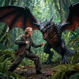 Walter white fighting with dark dragon in the middle of the jungle, professional photography