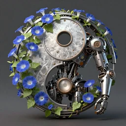 a beautiful ultradetailed fine art RPG portrait photo of a  mechanical industrial steampunk yin yang symbol, overgrown with morning glory flowers, montsera leaves by tom bagshaw and zach sutton, golden ratio composition, soft studio lighting, soft vignette, 50mm lens, very detailed, bionic, cybernetic scifi, deep depth of field, artstation, 8K, highly coherent