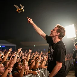 photo still of rip taylor at vans warped tour!!!!!!!! at age 6 3 years old 6 3 years of age!!!!!!! throwing bees at a crowd, 8 k, 8 5 mm f 1. 8, studio lighting, rim light, right side key light