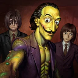 a dark yellow and purple and green humanoid, hyper detailed, intricate, in the style of salvador dali and junji ito and shinichiro watanabe, selfie, volumetric lighting, ray tracing