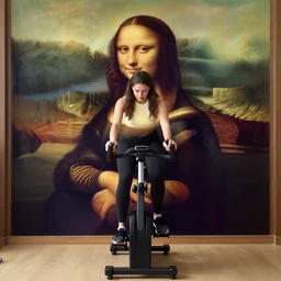 a young woman wearing pants riding a fitness bike!, looks like mona lisa, sharp focus, hyper realistic, centered, insanely detailed, wide shot, a painting by leonardo da vinci