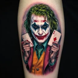 a tattoo design of a joker girl holding an ace, hyper realistic