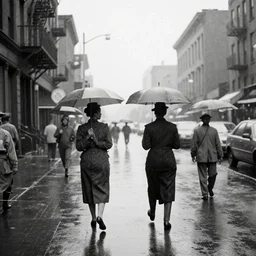 photograph of a harlem street in the 1 9 5 0 s in a rainy day