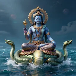 vishnu sitting on adishesha the thousand headed universal serpent, floating across the cosmic ocean, digital art, octane render, highly detailed, intricate, by android jones and michael divine