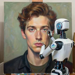 robot artist painting a self - portrait on a canvas. intricate, highly detailed, digital matte painting, in the style of alexandros pyromallis, and in the style of sachin teng, and in the style of hans thoma, and in the style of ken kelly. irony, recursion, inspiration.