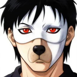 masked man, with red eyes, Black hair, anime, gerald brom bastien grivet greg rutkowski norman rockwell portrait face head snout ears eyes illustration tombow