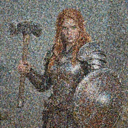 dwarven woman, ginger hair, green eyes, holding hammer and shield with plate armour