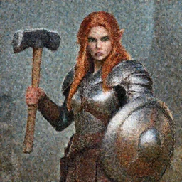 dwarven woman, ginger hair, green eyes, holding hammer and shield with plate armour