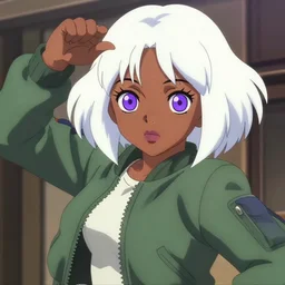 anime poster film still portrait of a black young woman, large, purple eyes!!!!!!, white hair!!!!!, french bob, green!!!!!!! bomber jacket!!!!!, detailed facial features, dynamic pose, cute face by ilya kuvshinov, yoh yoshinari, makoto shinkai, rimlight, cel shaded, 4 k