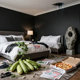 realistic photograph of courgettes in a trashed luxury apartment bedroom, art supplies, clothes, vines, empty vegan pizza boxes, propaganda leaflets, a large zen stone sculpture, paint dripping from ceiling, black walls
