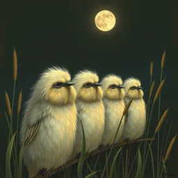 a row of fat bearded reedlings, moonlight