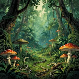 1 8 th century jungle, lush, alien planet, mushrooms, snakes, paradise, masterpiece by moebius, — ar 1 6 : 9