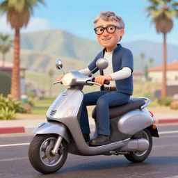 bill gates riding a 1 9 8 7 honda elite scooter in palm springs, hd, octane render, 3 d
