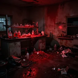 dark, dirty, abandoned laboratory, red light, piles of red liquids on the ground and walls, piles of trash and junk on the floor, low brightness, low contrast