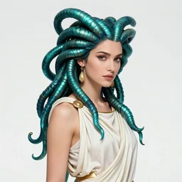 side profile portrait of anne curtis as medusa looking for camera wearing a greek chiton, gorgon styled by masamune shirow, fantastically eerie, desaturated colors, pen and ink, glamorous pose, intricate line drawings, by craig mullins, ruan jia, kentaro miura, greg rutkowski, victo ngai