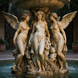trio nymphs circling a fountain, detailed, 4 k, beautifully lit, cinematic, artstation
