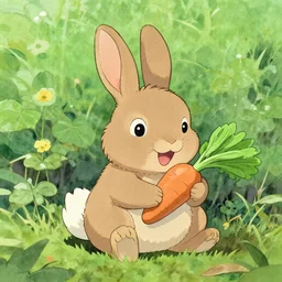 a happy rabbit eating a carrot in the garden, studio Ghibli, picture book cover illustration, Pixar and Disney animation, sharp, watercolor by Greg Rutkowski