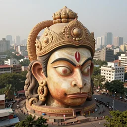 high quality 3 d dreamscape biomorphic hanuman head building in the middle of mumbai!!, kalighat highly detailed, cinematic smooth, stephen shore & john j. park, soft morning light, wide shot, high angle, uhd 8 k, deep focus