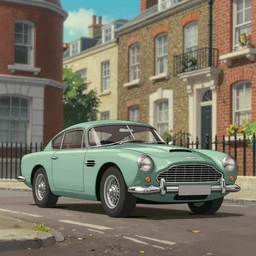 a wholesome animation key shot of one short - wheelbase aston martin db 5, in a rich london mews residential street, miniature, waist height, medium range, studio ghibli, ( pixar ) and disney animation, sharp, very detailed, unreal engine 5 render, bloom, high resolution, anime key art by greg rutkowski