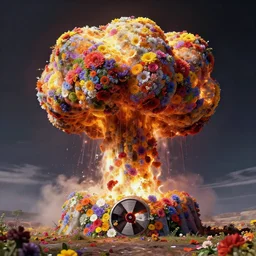 a synthwave nuclear explosion made out of flowers, hyperrealistic, matte painting, 8 k