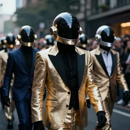 a photo of a parade of people dressed in Daft Punk Helmets and Daft Punk Suits, 8k, dramatic lighting