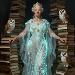 a portrait of a older anya taylor - joy as the goddess minerva surrounded by stacks of books, and owls, bioluminescent gown with deep level of detail of esoteric symbols, urban motifs, intricate, elegant, highly detailed, digital painting, trending on artstation, concept art, smooth sharp focus, illustration, art by artgerm and greg rutkowski