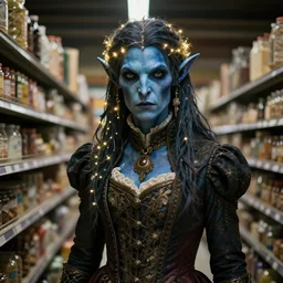 an ultra realistic, cinematic, fantasy, portrait, of an evil blue skinned elf, elden ring, fairy lights, facial features, stood in a supermarket, with victorian clothing, detailed, deep focus, movie still, dramatic lighting, ray tracing, by michal karcz and yoshitaka amano