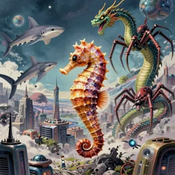 a seahorse, goblinshark, dragon, quetzalcoatl, and spider hybrid giant serpentine kaiju! destroyed futuristic city on alien world! surreal art, semi realistic anime, h. r. giger, zdzisław beksinski, studio ghibli, makoto shinkai, cinematic, award winning illustration, masterpiece, trending on pixiv, 8 k