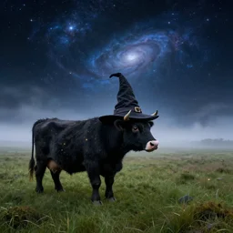 a detailed picture in the style of harry potter of stars and a nebula shaped like a cow in a grassy field wearing a witch hat, cow wearing hat!!! viewed in profile and far away, fog in the background, ultrawide lens, aerial photography, black and blue color scheme with gold highlights, art in an absurdist style, artstation, 8 k