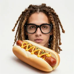 hotdog with dreadlocks and black glasses,
