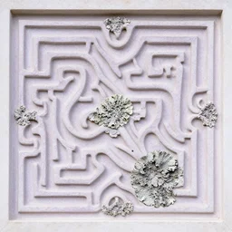 thin lines, fractals, lichen macro, crenelated, serpentine twisty maze, organic, carved soapstone ceiling relief paneling white and pale violet