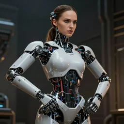 cyborg, Natalie Portman, robotic arms, very detailed, dramatic lighting, electrical details, high details, 4k, 8k, trending on artstation, by Greg Rutkowski, Wayne Barlowe, Hajime Sorayama and Boris Vallejo