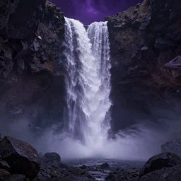 “waterfall falling from asteroids in space, purplish space in background, 8k, realistic, cinematic, elegant”