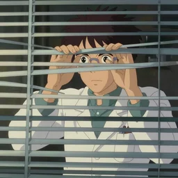 hyperrealist, studio ghibli dull colors portrait from close encounters of the third kind 1 9 7 7 of a scientist looking through venetian blinds.